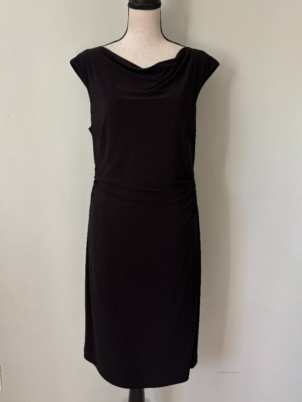David Meister Black Cowl Neck Ruched Sheath Dress Size 10 Like New